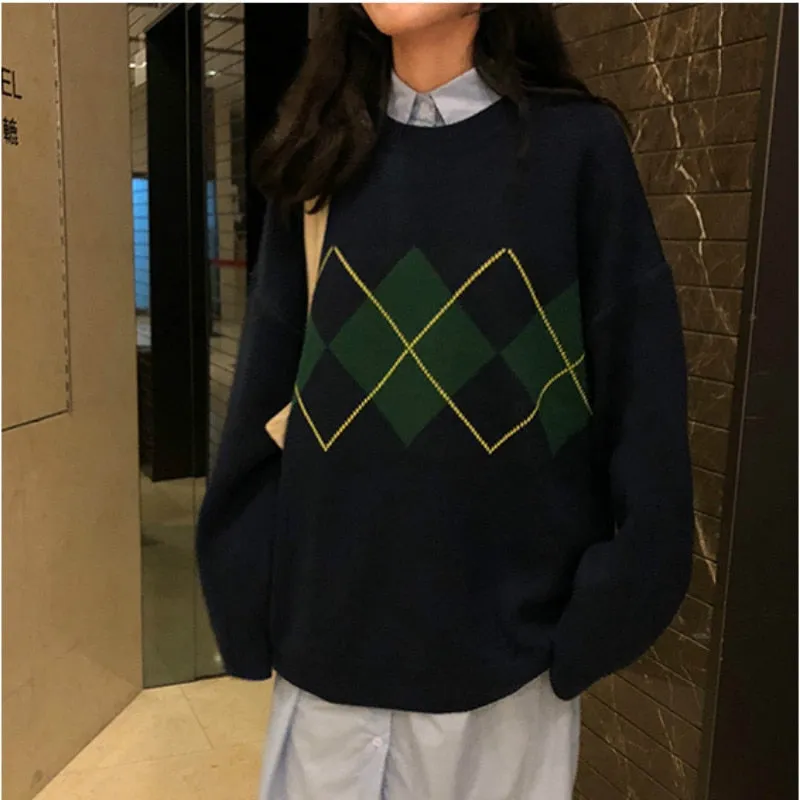 Amozae- Knitted Sweaters Women Casual Pullover Fashion Argyle Sweater Winter College Style Loose Top Woman Jumper Sueter De Mujer