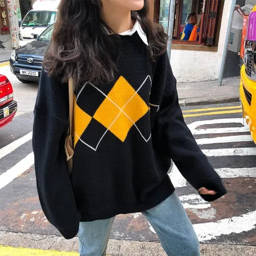 Amozae- Knitted Sweaters Women Casual Pullover Fashion Argyle Sweater Winter College Style Loose Top Woman Jumper Sueter De Mujer