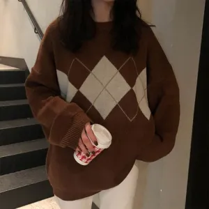 Amozae- Knitted Sweaters Women Casual Pullover Fashion Argyle Sweater Winter College Style Loose Top Woman Jumper Sueter De Mujer