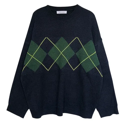 Amozae- Knitted Sweaters Women Casual Pullover Fashion Argyle Sweater Winter College Style Loose Top Woman Jumper Sueter De Mujer