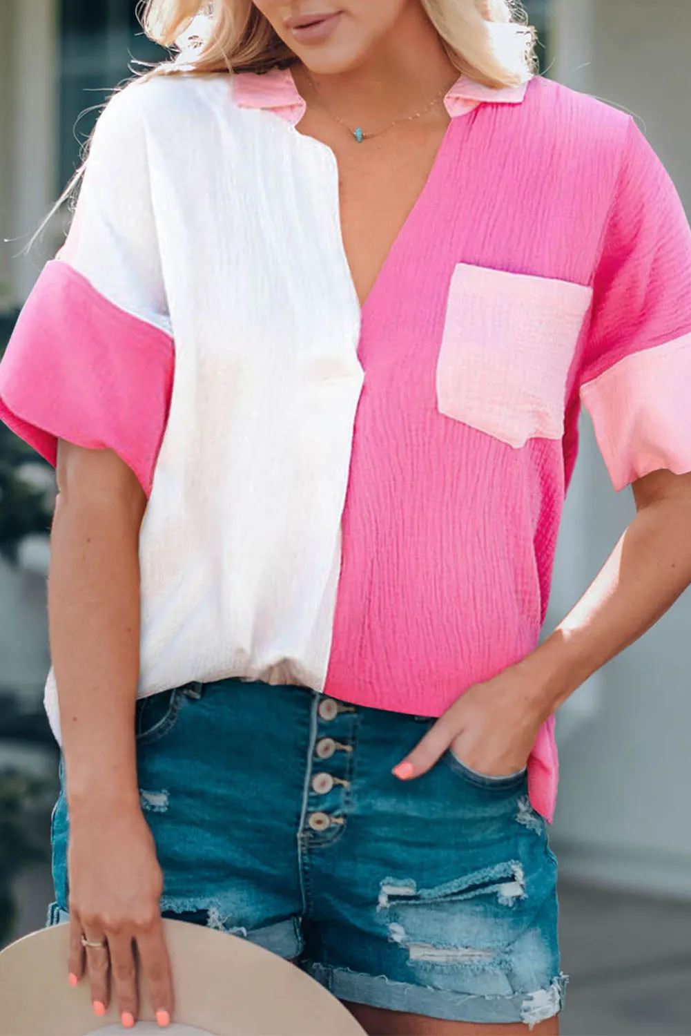 *APP EXCLUSIVE* Color Block Textured Johnny Collar Blouse