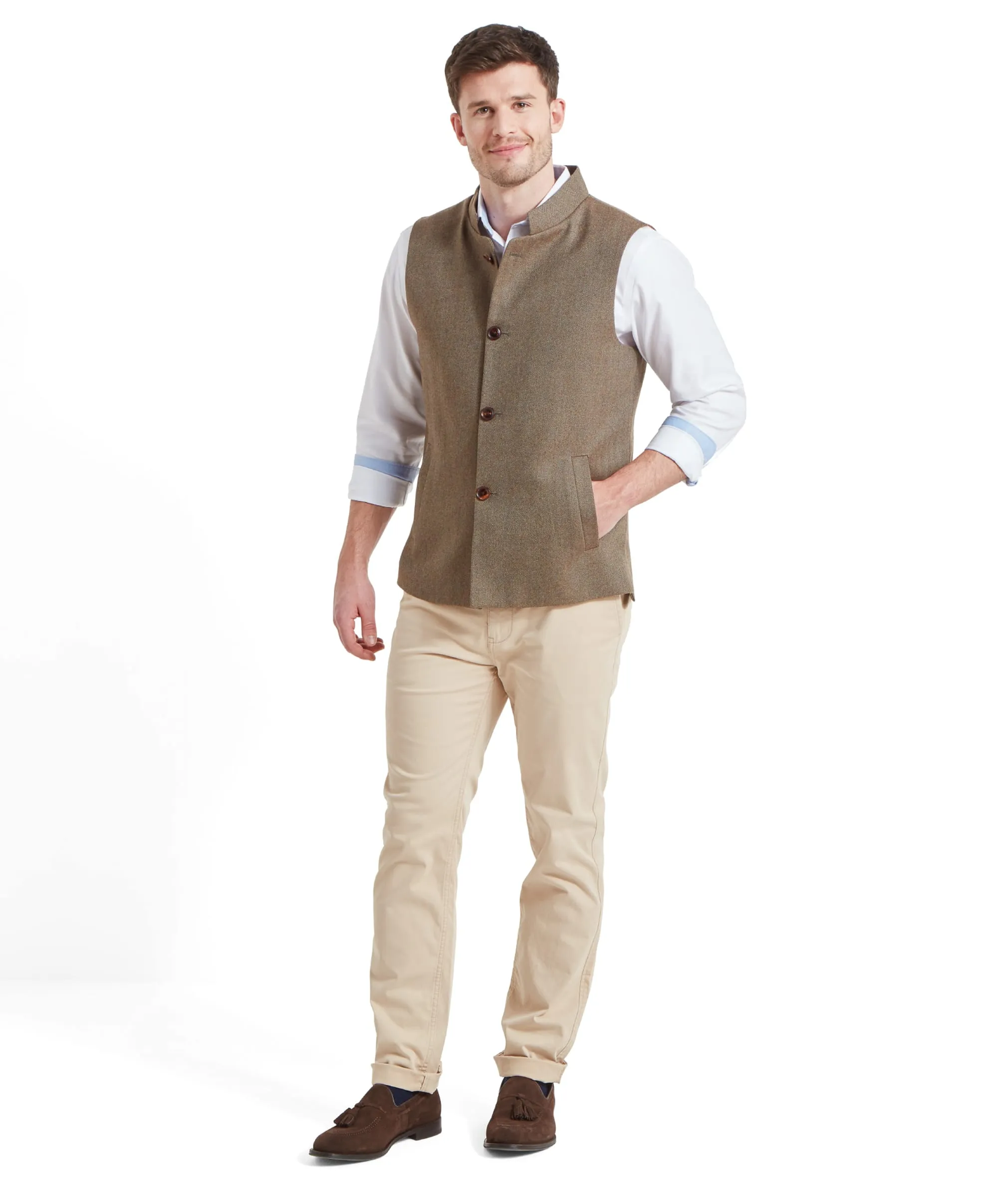 Berwick Nehru Tweed Waistcoat - Loden Green Herringbone Tweed