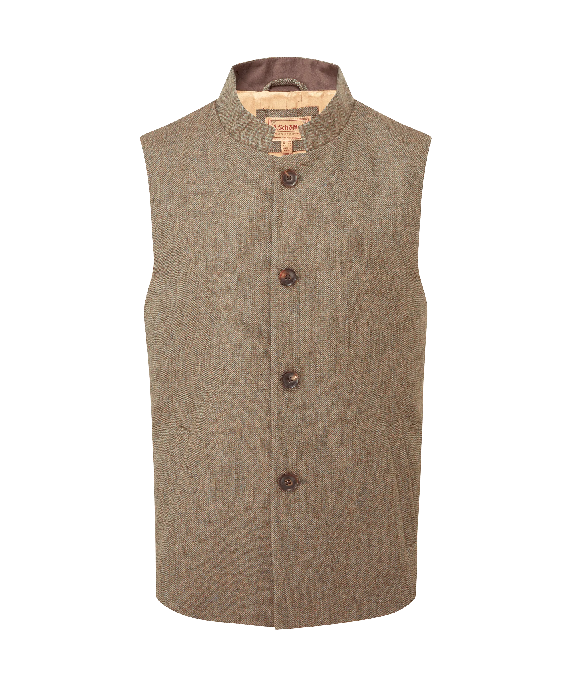 Berwick Nehru Tweed Waistcoat - Loden Green Herringbone Tweed