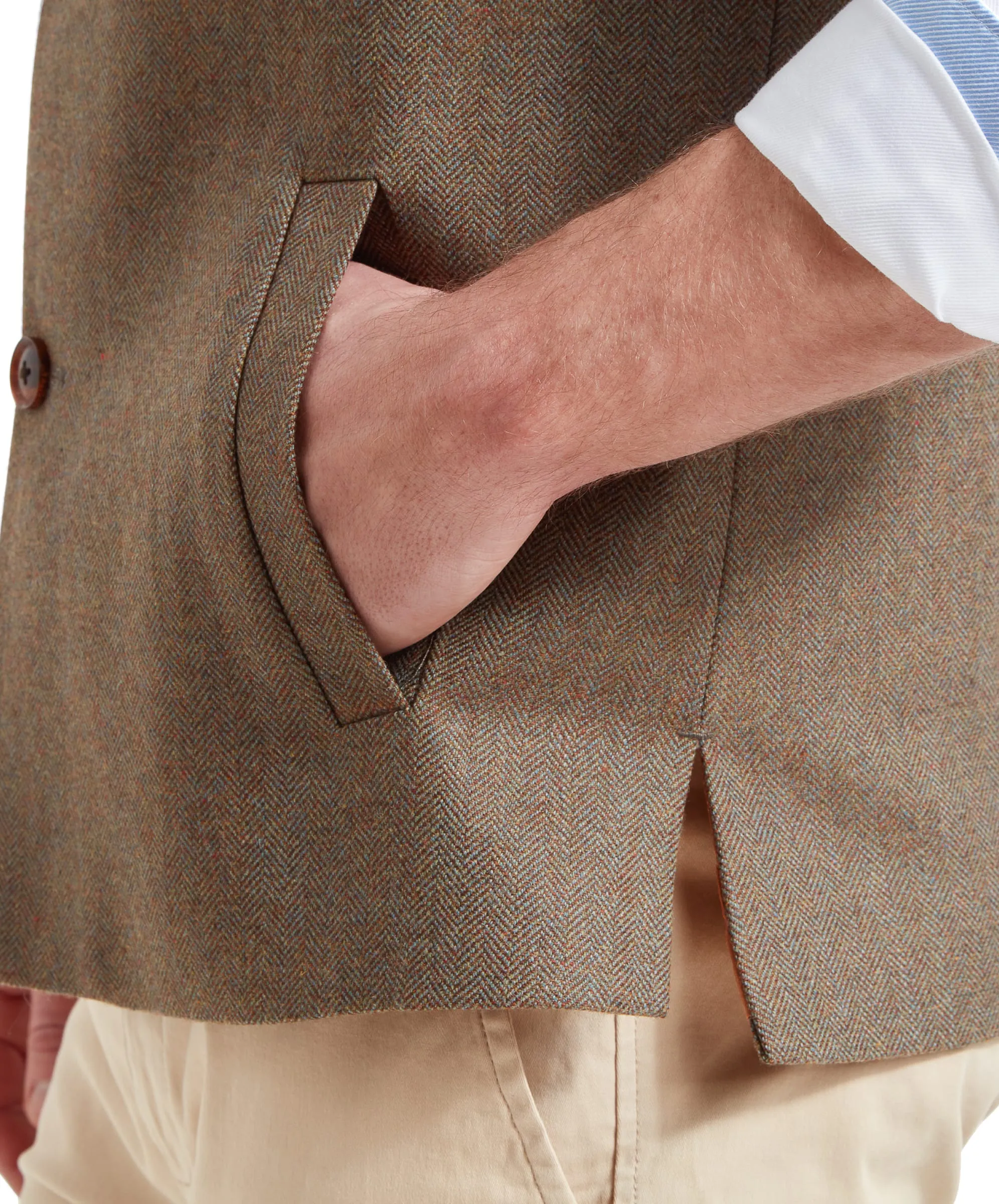 Berwick Nehru Tweed Waistcoat - Loden Green Herringbone Tweed