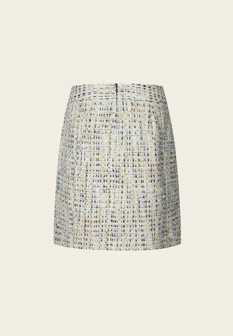 Earth Tone Blue And Gold Detailing Tweed Skirt