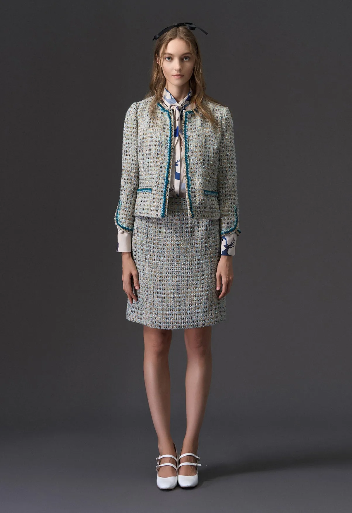 Earth Tone Blue And Gold Detailing Tweed Skirt