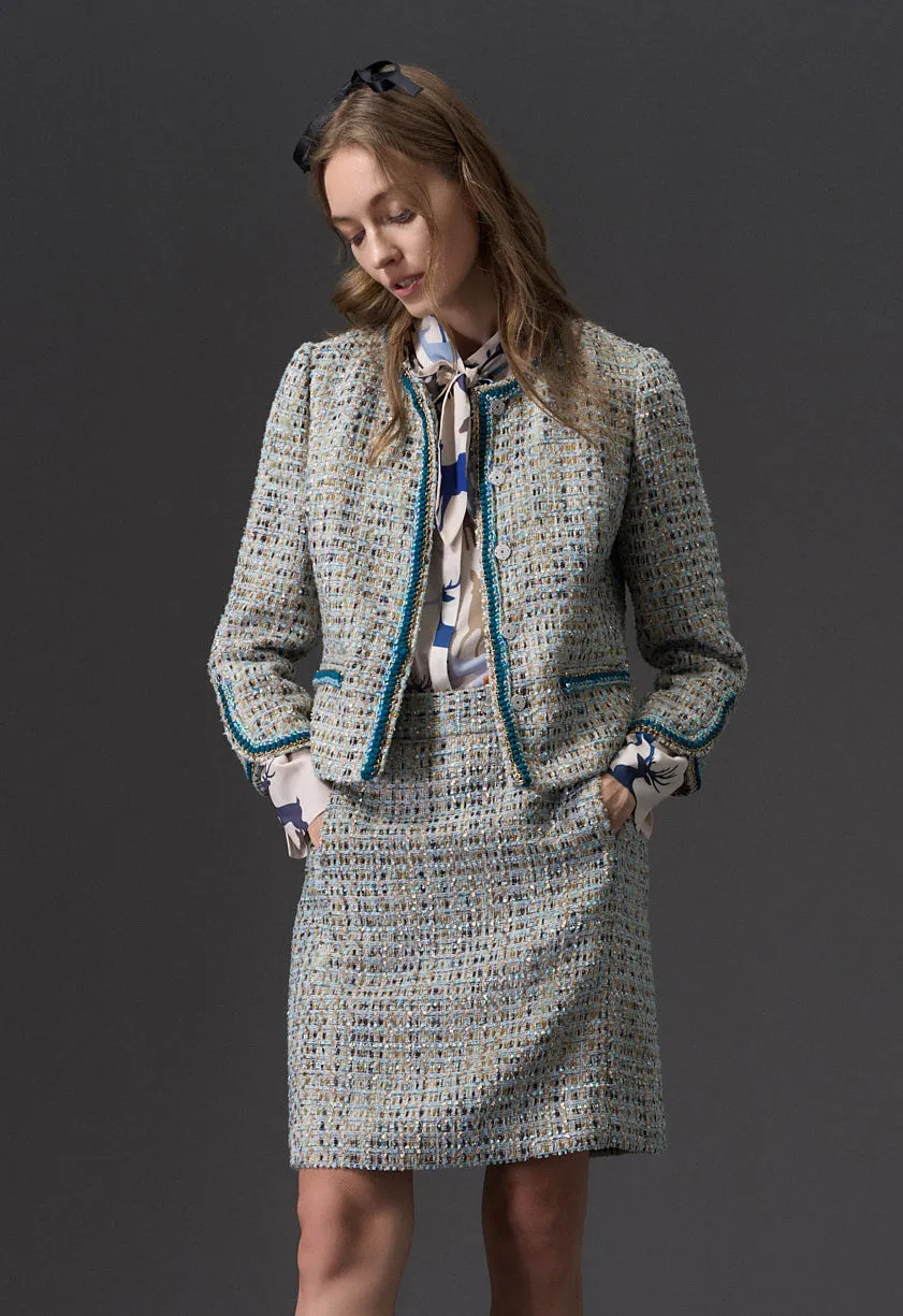 Earth Tone Blue And Gold Detailing Tweed Skirt