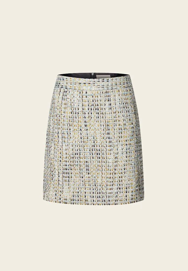 Earth Tone Blue And Gold Detailing Tweed Skirt