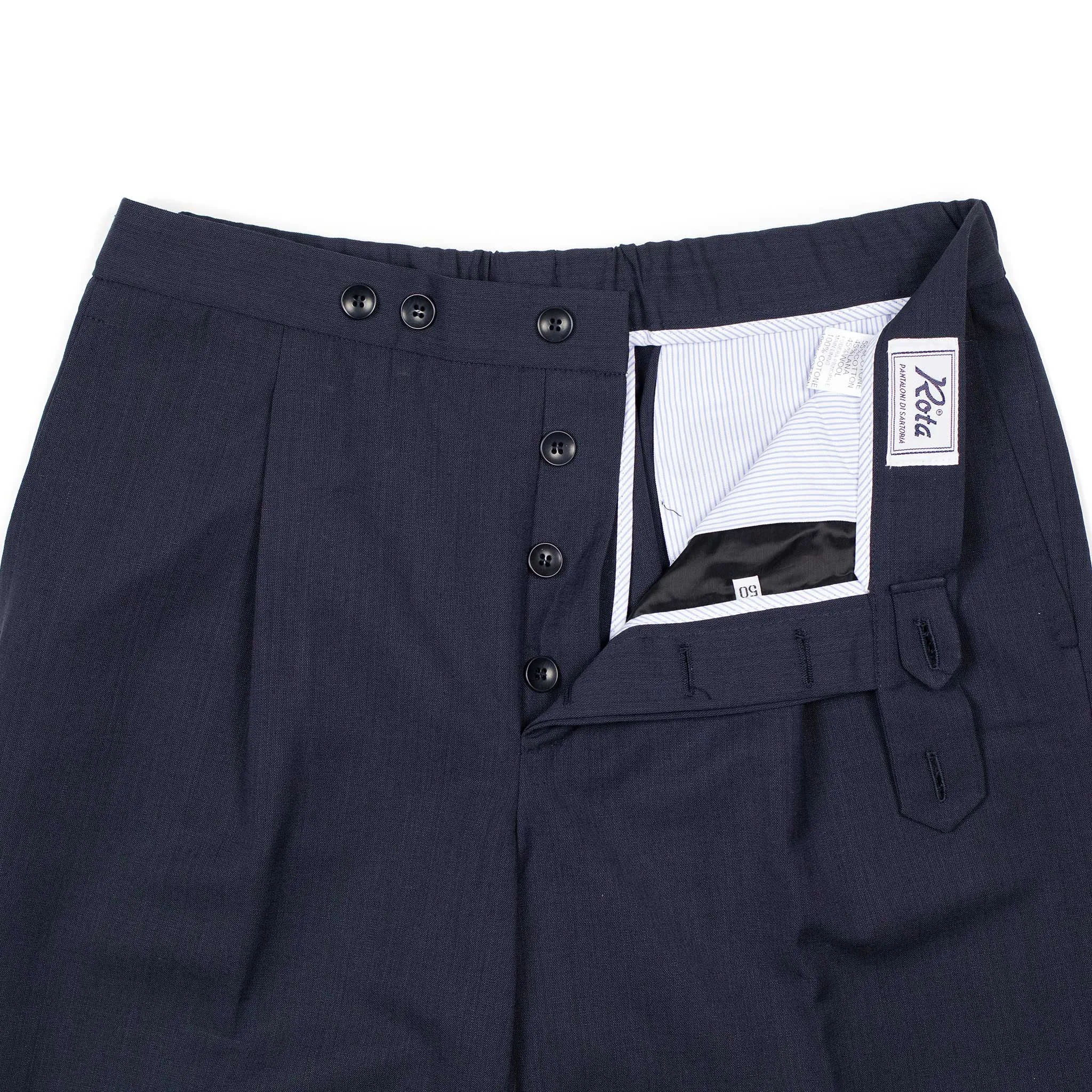 Exclusive pleated easy pants in navy wool and cotton