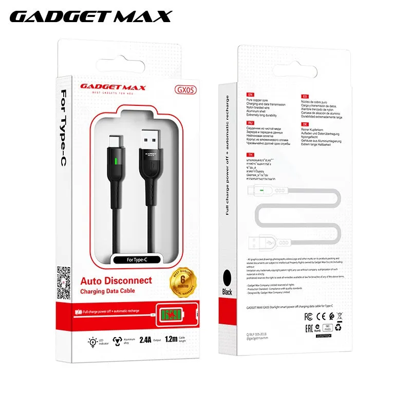GADGET MAX GX05 TYPE-C 2.4A AUTO DISCONNECT DATA CABLE FOR TYPE-C (2.4A)(1.2M) - BLACK