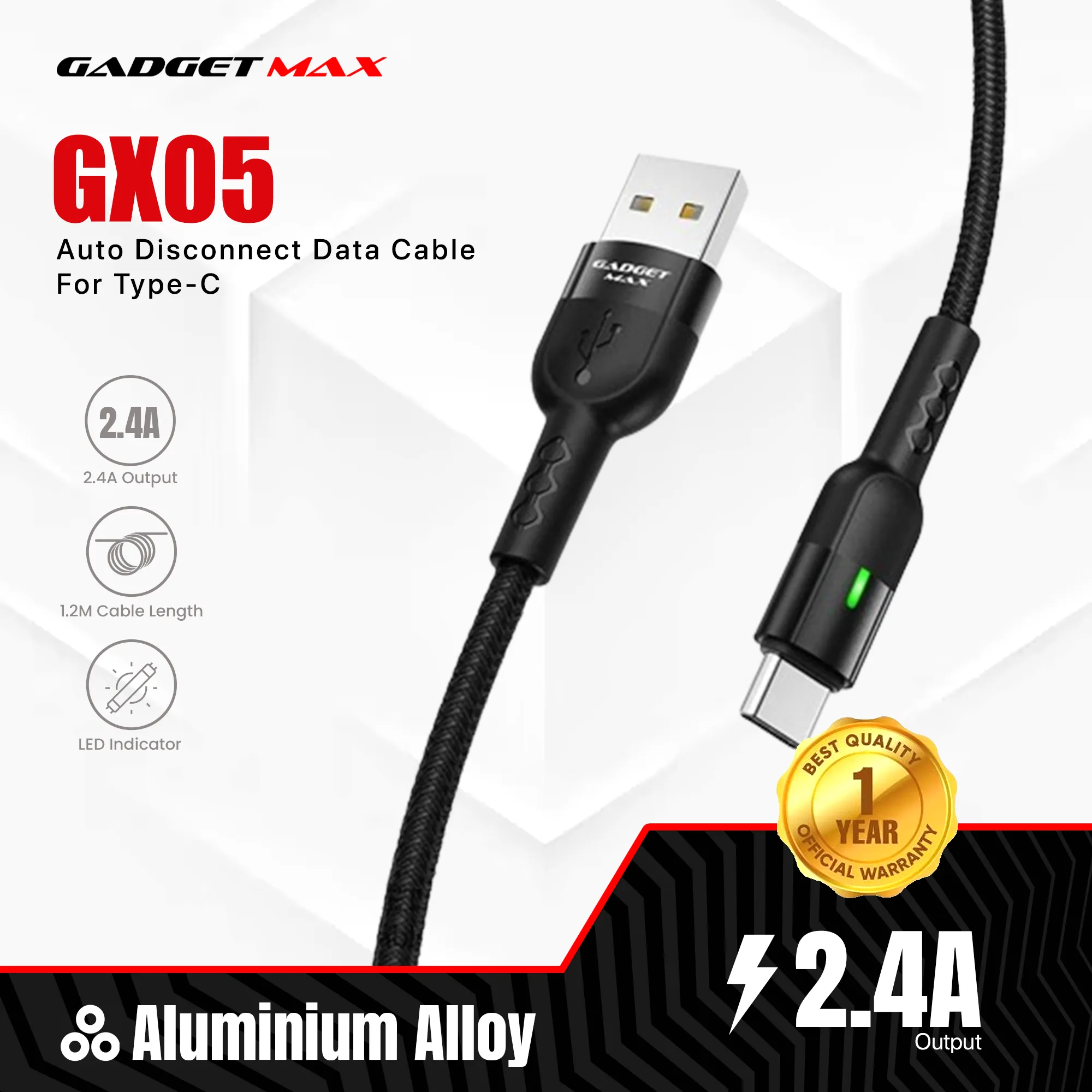 GADGET MAX GX05 TYPE-C 2.4A AUTO DISCONNECT DATA CABLE FOR TYPE-C (2.4A)(1.2M) - BLACK