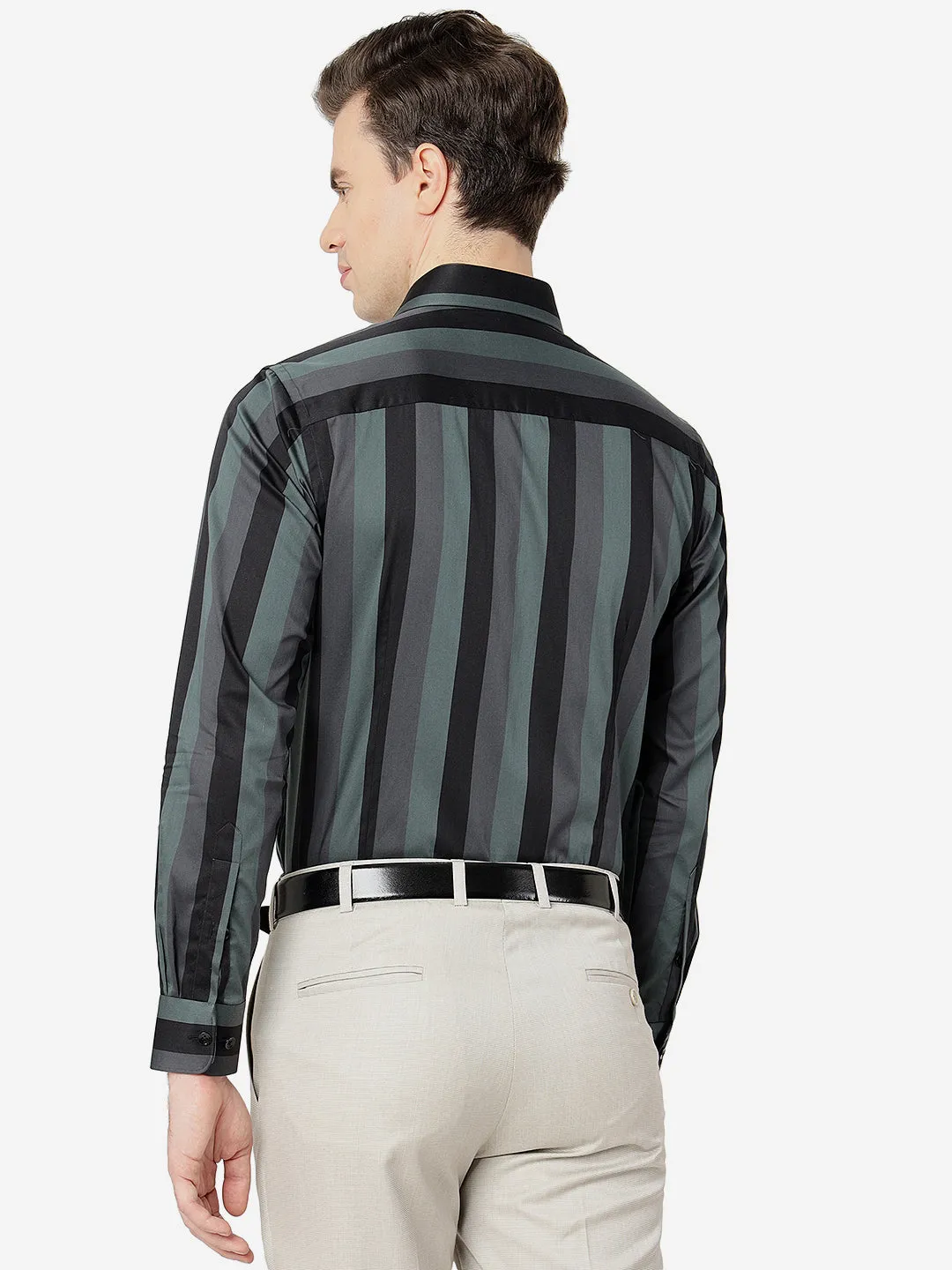 Green Multi Striped Slim Fit Formal Shirt | JadeBlue