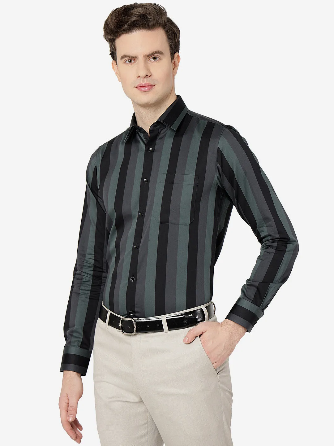 Green Multi Striped Slim Fit Formal Shirt | JadeBlue