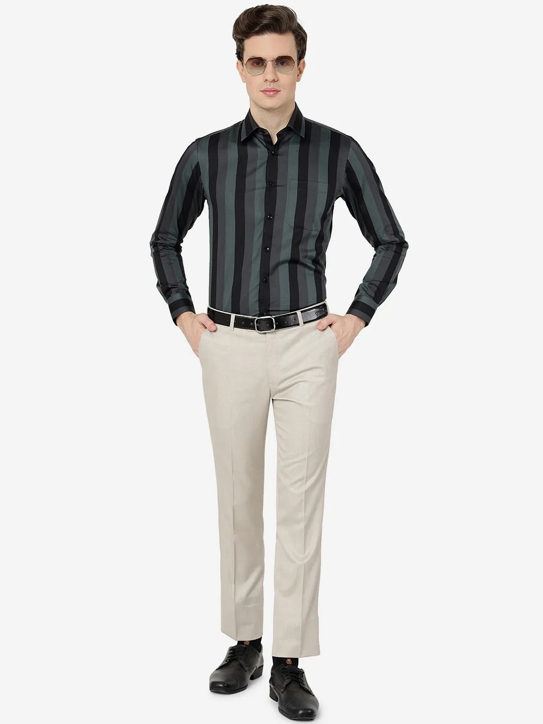 Green Multi Striped Slim Fit Formal Shirt | JadeBlue