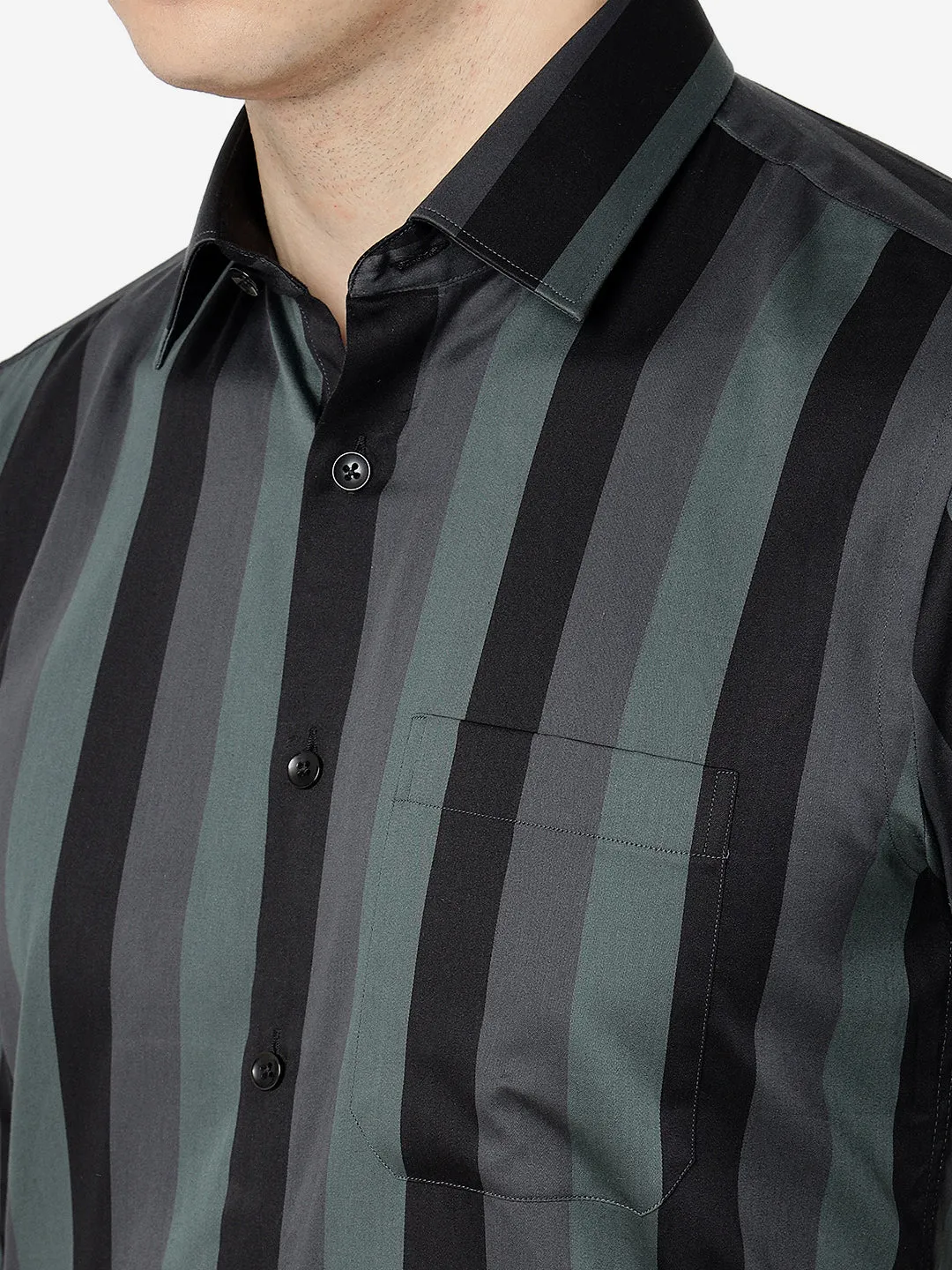 Green Multi Striped Slim Fit Formal Shirt | JadeBlue