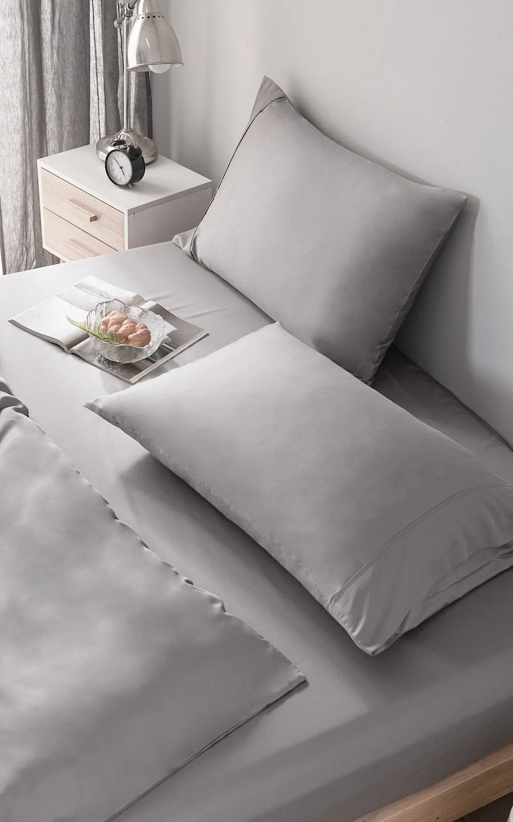 Grey Double GF 100% Organic Bamboo 300tc Luxurious sateen weave Bedding Set Duvet Cover, Extra Deep 40cm Fitted Sheet, 2 x Pillow Cases
