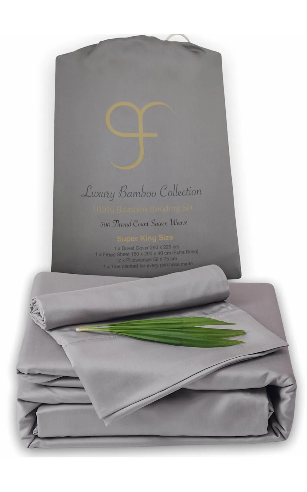Grey Double GF 100% Organic Bamboo 300tc Luxurious sateen weave Bedding Set Duvet Cover, Extra Deep 40cm Fitted Sheet, 2 x Pillow Cases