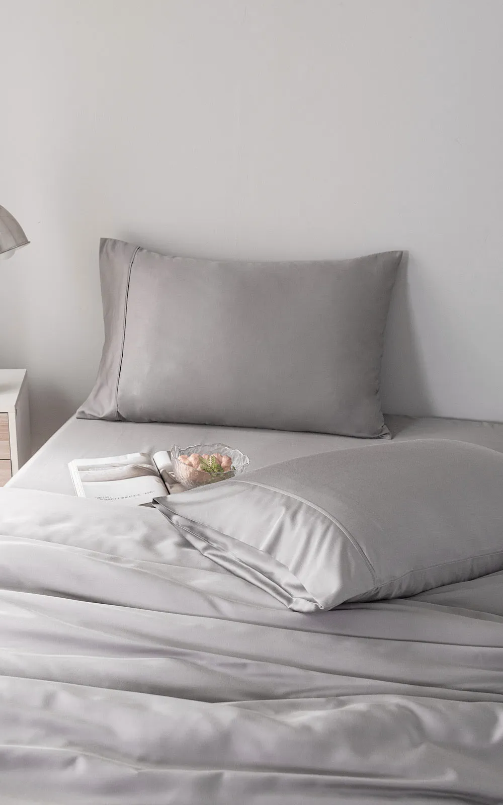 Grey Double GF 100% Organic Bamboo 300tc Luxurious sateen weave Bedding Set Duvet Cover, Extra Deep 40cm Fitted Sheet, 2 x Pillow Cases