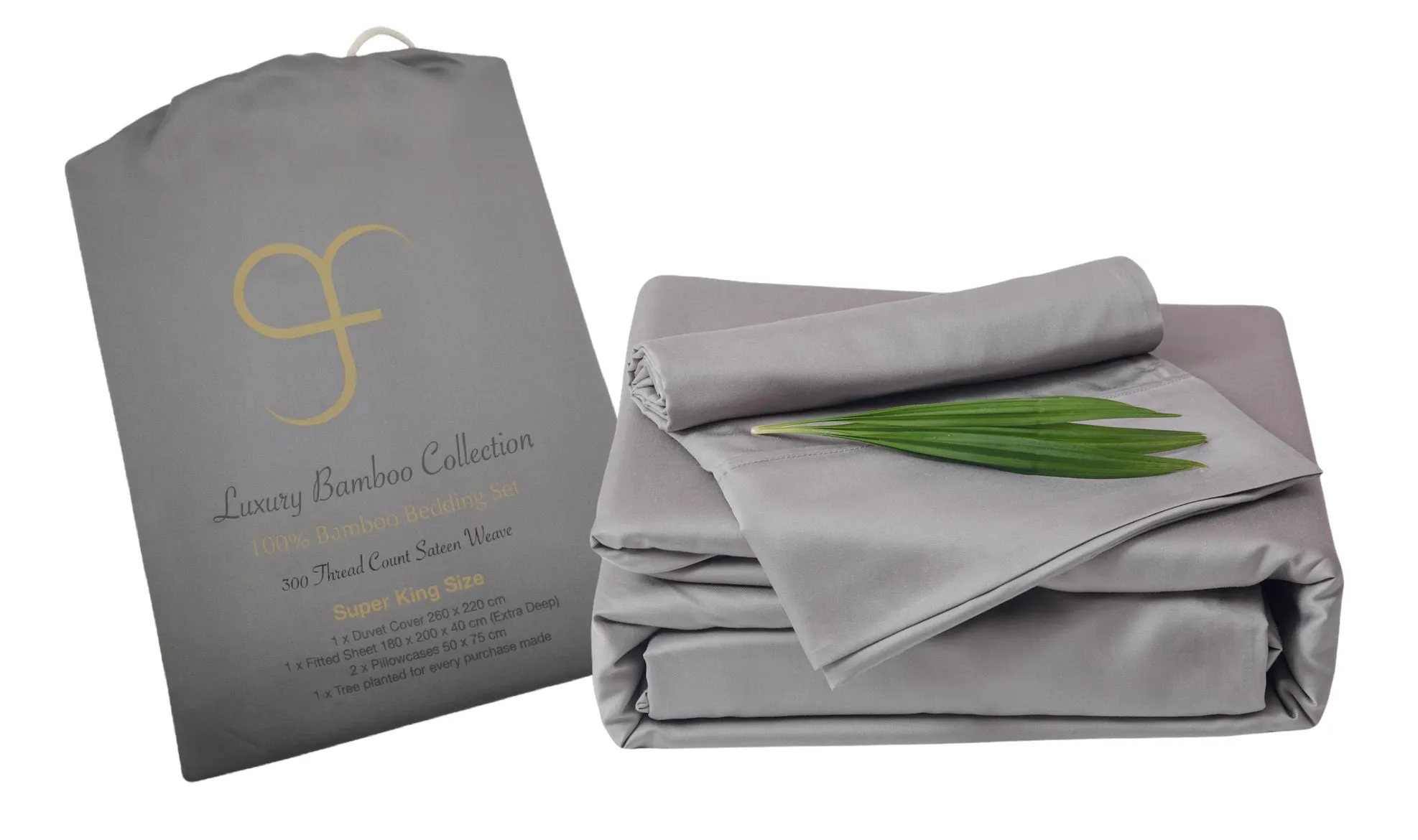 Grey Double GF 100% Organic Bamboo 300tc Luxurious sateen weave Bedding Set Duvet Cover, Extra Deep 40cm Fitted Sheet, 2 x Pillow Cases