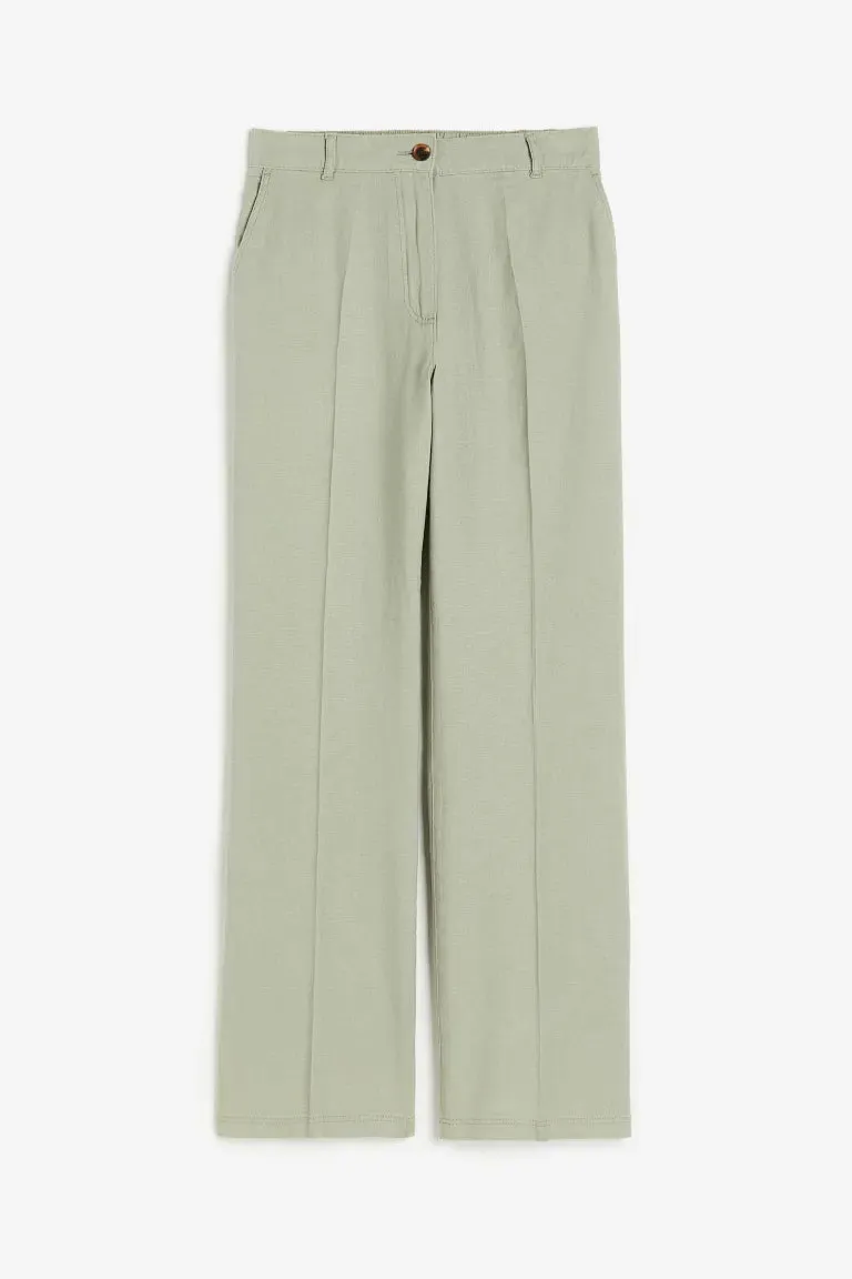 H&M Linen Twill Blend Trousers, Light Khaki Green