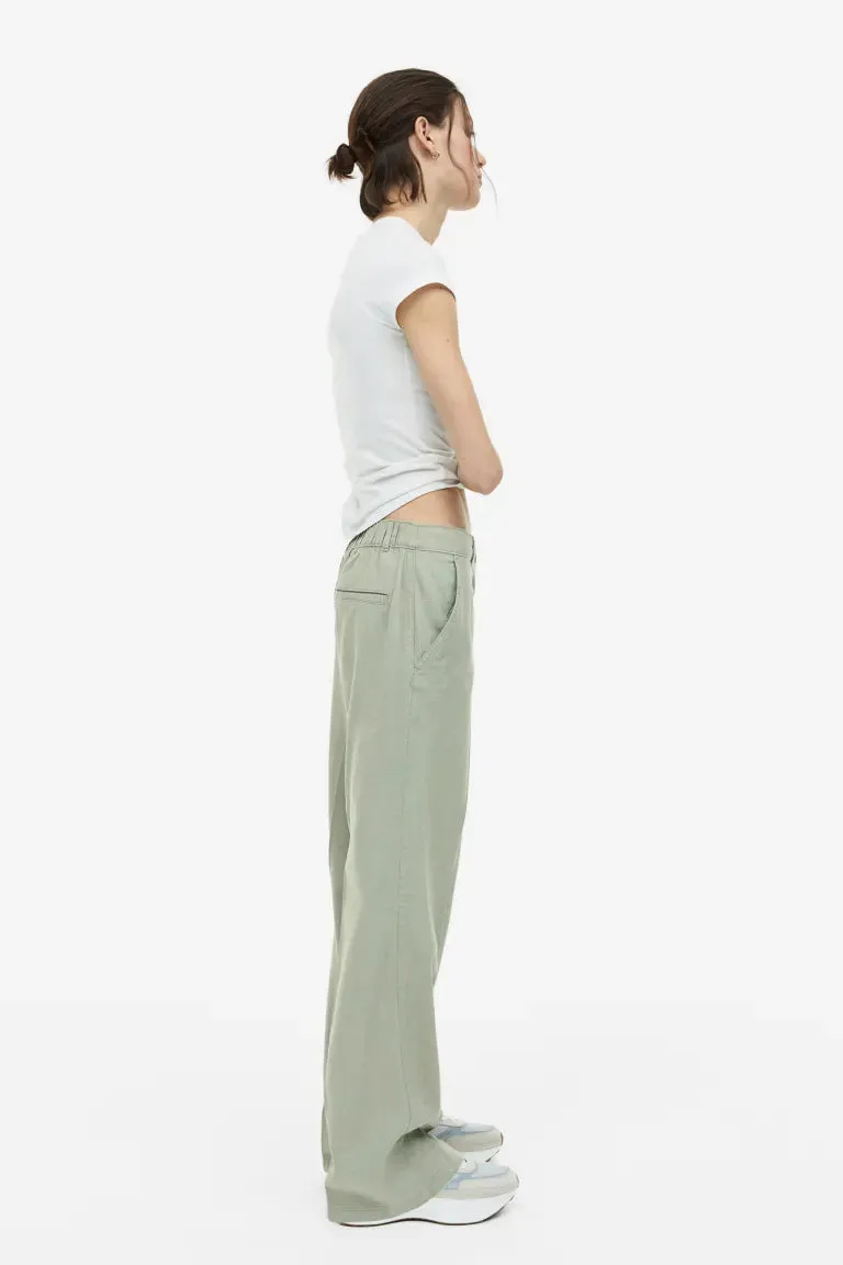 H&M Linen Twill Blend Trousers, Light Khaki Green