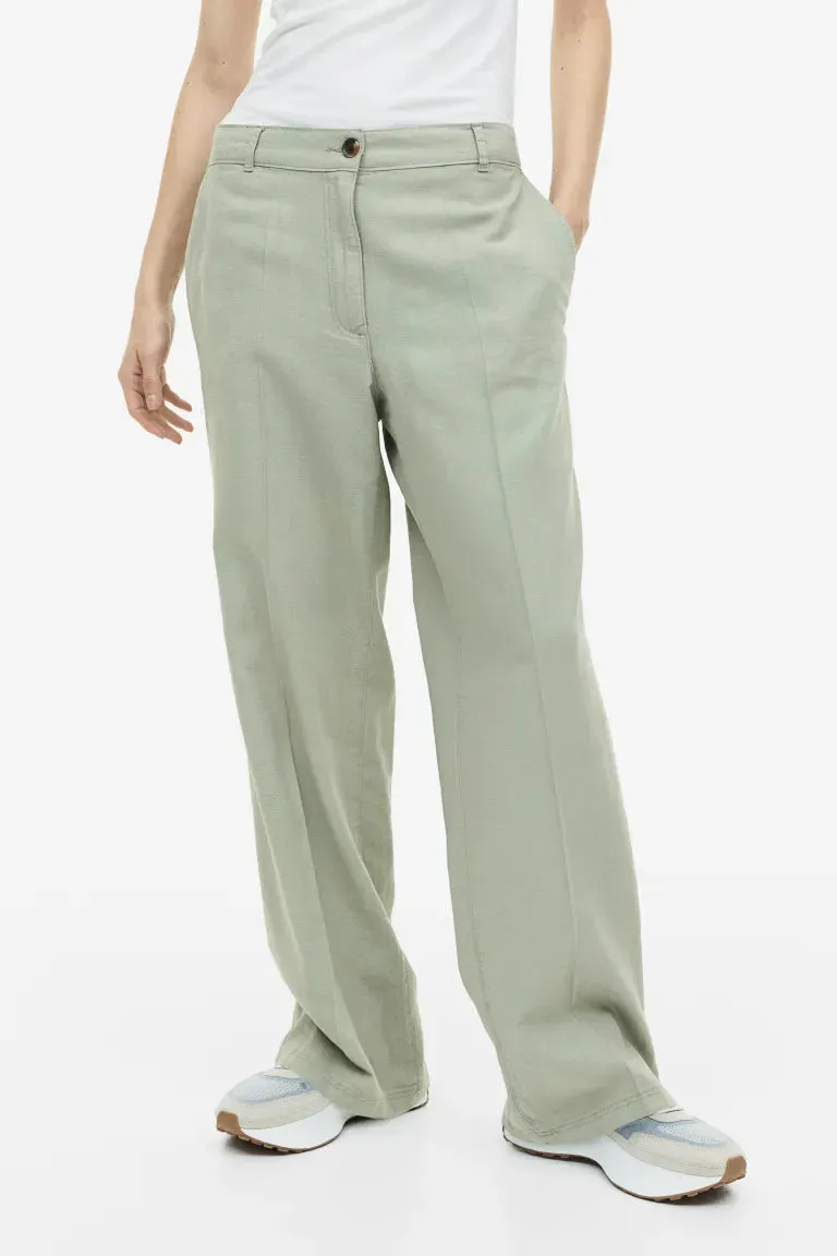 H&M Linen Twill Blend Trousers, Light Khaki Green