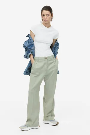 H&M Linen Twill Blend Trousers, Light Khaki Green