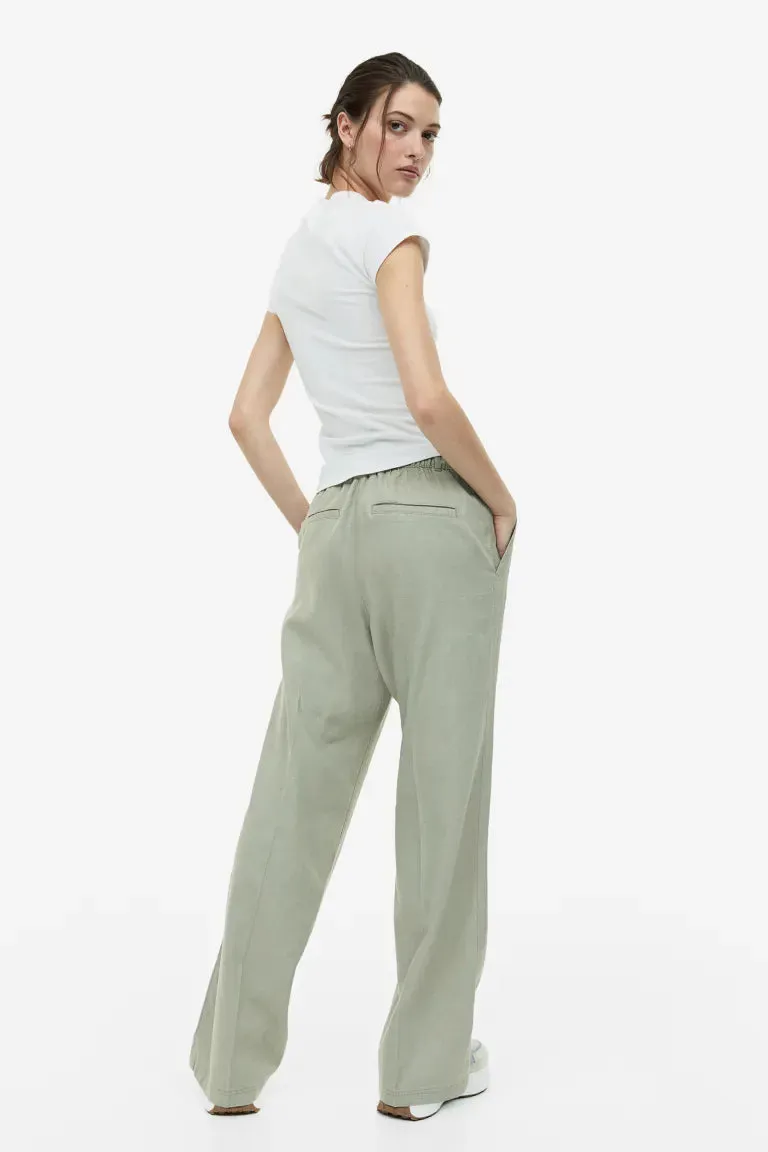 H&M Linen Twill Blend Trousers, Light Khaki Green