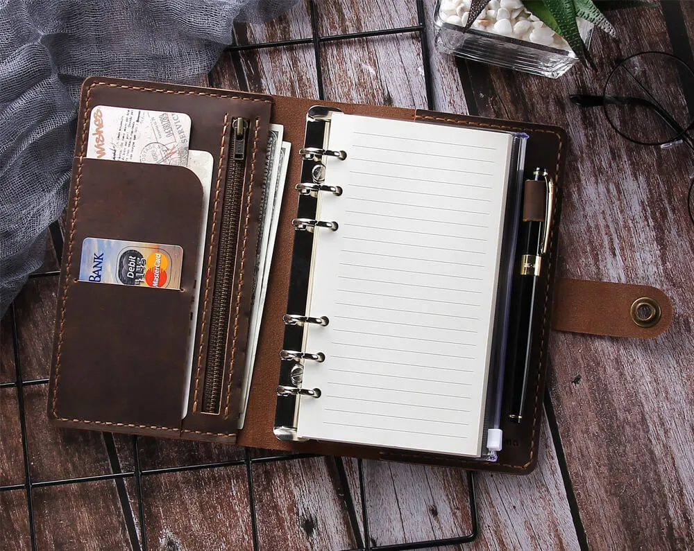 Handmade Leather Journal Notebook, A6 Ring Binder Organizer Agenda