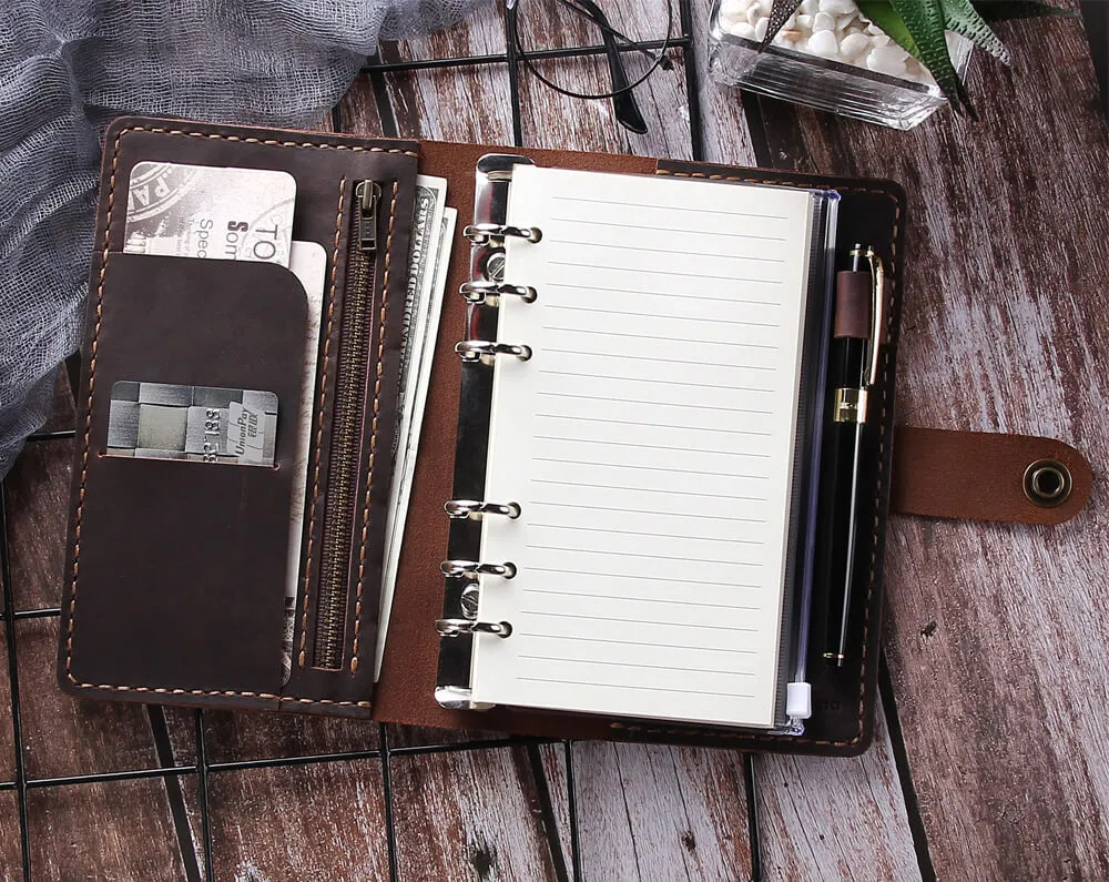 Handmade Leather Journal Notebook, A6 Ring Binder Organizer Agenda