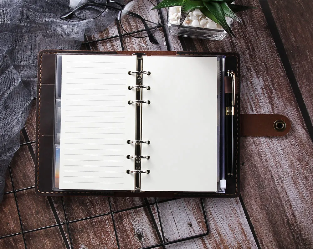 Handmade Leather Journal Notebook, A6 Ring Binder Organizer Agenda