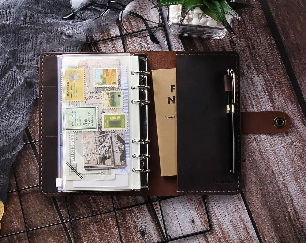Handmade Leather Journal Notebook, A6 Ring Binder Organizer Agenda