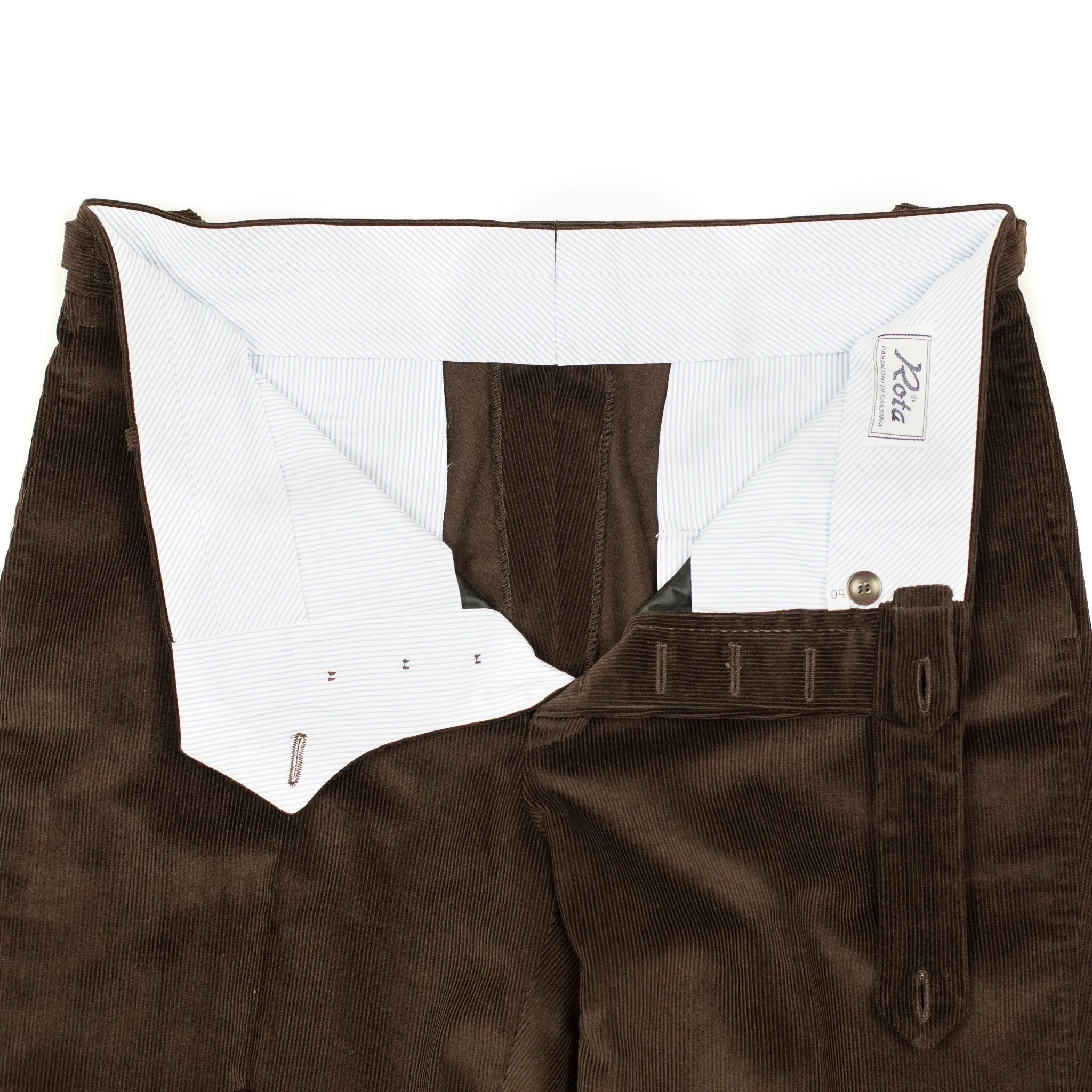 Higher-rise brown corduroy trousers with side tabs (restock)