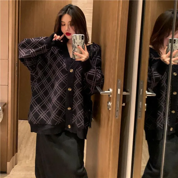 KittenAlarm - Loose Argyle Aesthetic Knitted Cardigan Sweater
