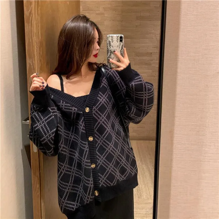 KittenAlarm - Loose Argyle Aesthetic Knitted Cardigan Sweater