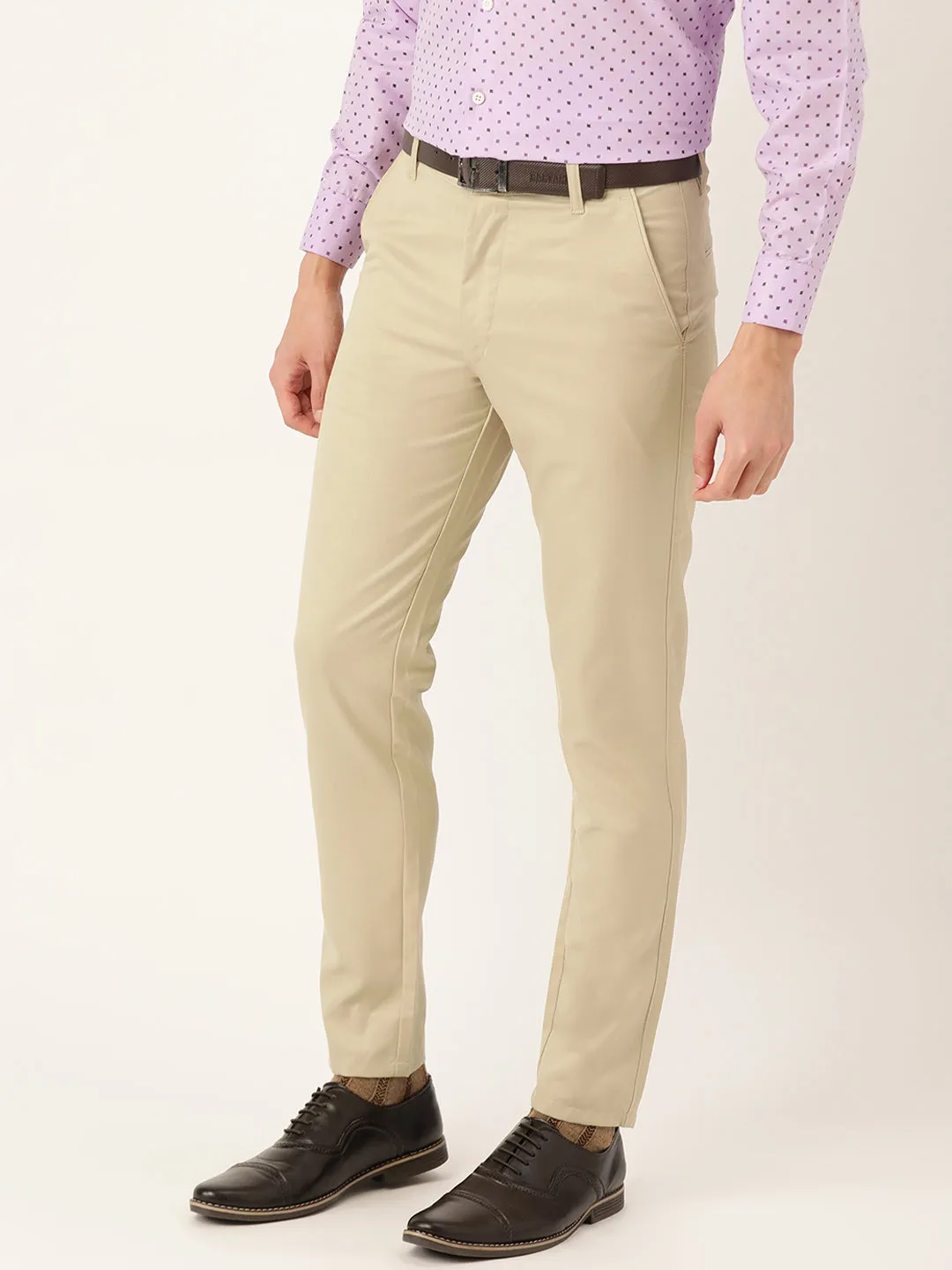 Men's Cotton Blend Khaki Solid Formal Trousers - Sojanya