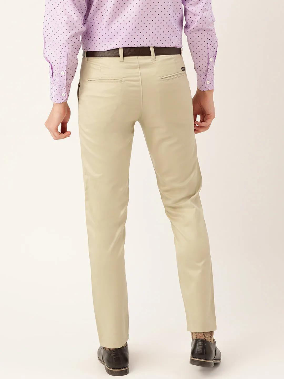 Men's Cotton Blend Khaki Solid Formal Trousers - Sojanya