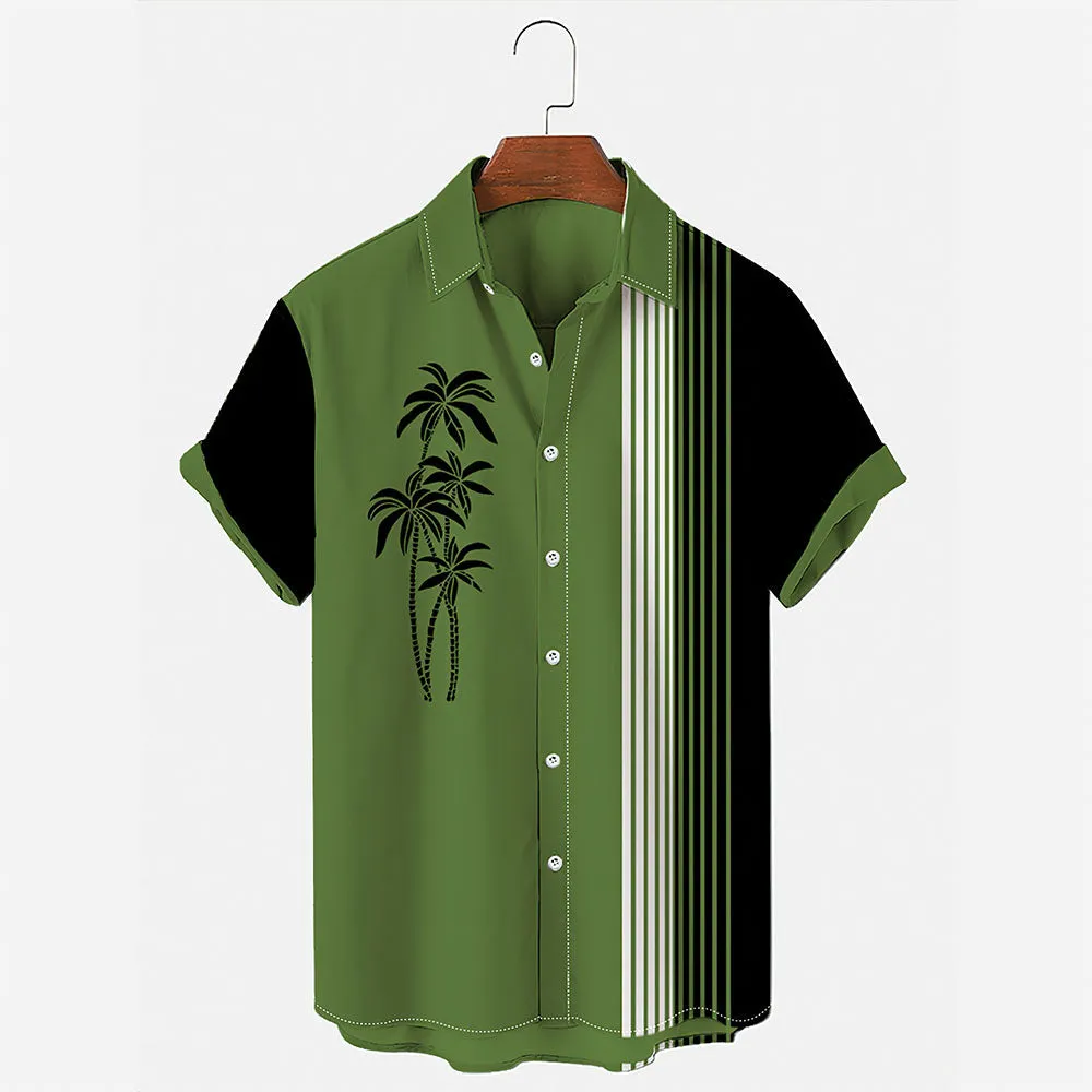 Men's Vintage Hawaiian Shirts Casual Palm Tree Print Striped Hawaiian Shirts for Men