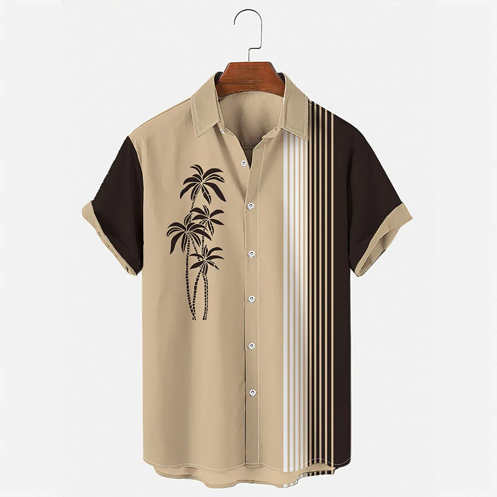 Men's Vintage Hawaiian Shirts Casual Palm Tree Print Striped Hawaiian Shirts for Men