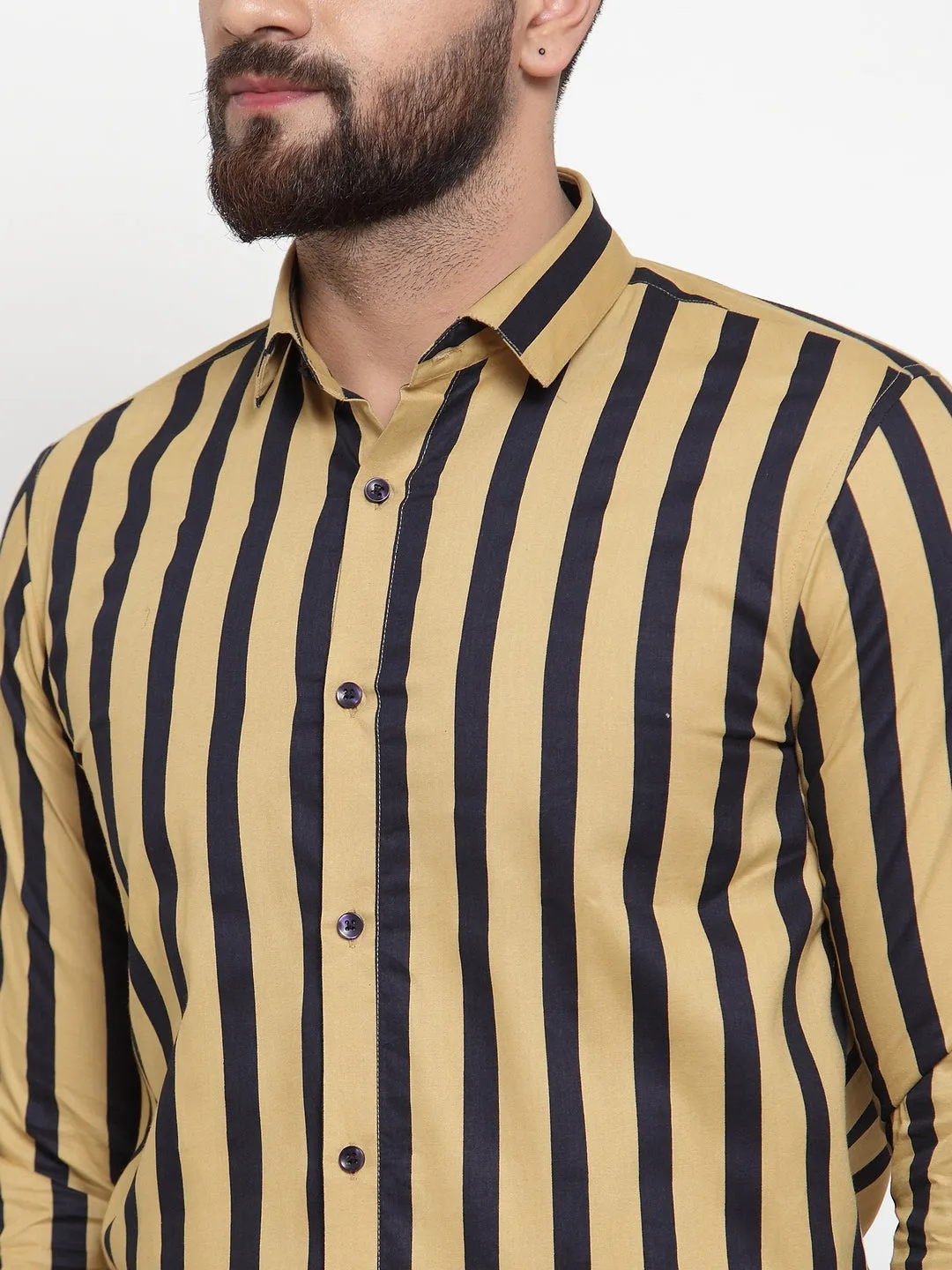 Men's Yellow Cotton Striped Formal Shirts ( SF 744Mustard ) - Jainish