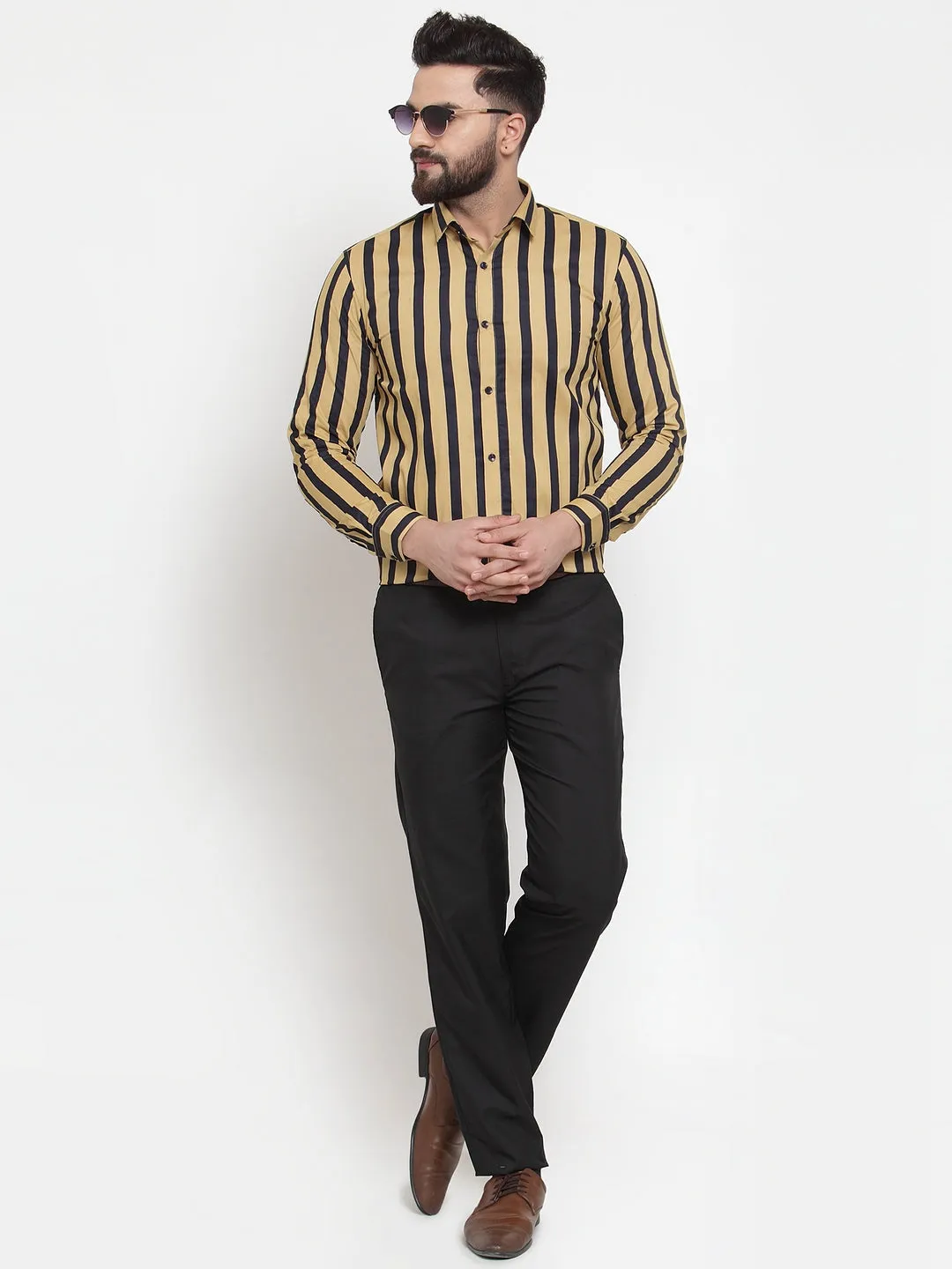 Men's Yellow Cotton Striped Formal Shirts ( SF 744Mustard ) - Jainish