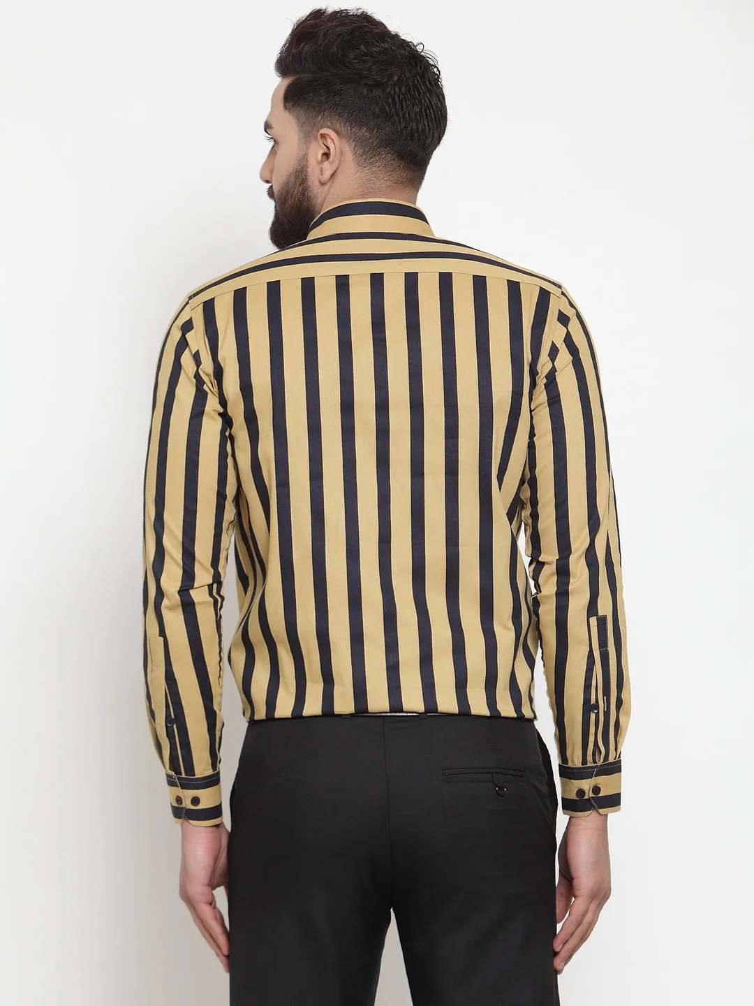 Men's Yellow Cotton Striped Formal Shirts ( SF 744Mustard ) - Jainish