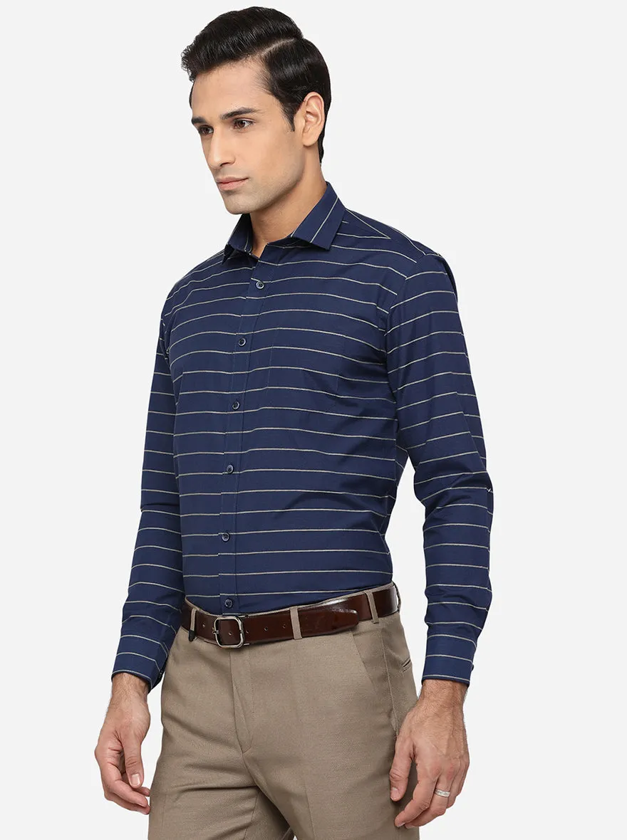 Navy Blue & Grey Striped Slim Fit Formal Shirt | Greenfibre