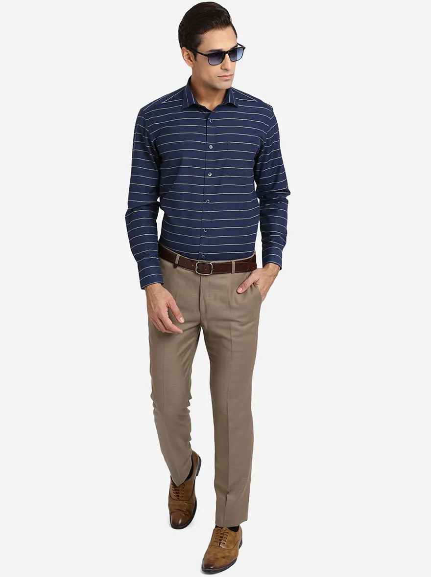 Navy Blue & Grey Striped Slim Fit Formal Shirt | Greenfibre