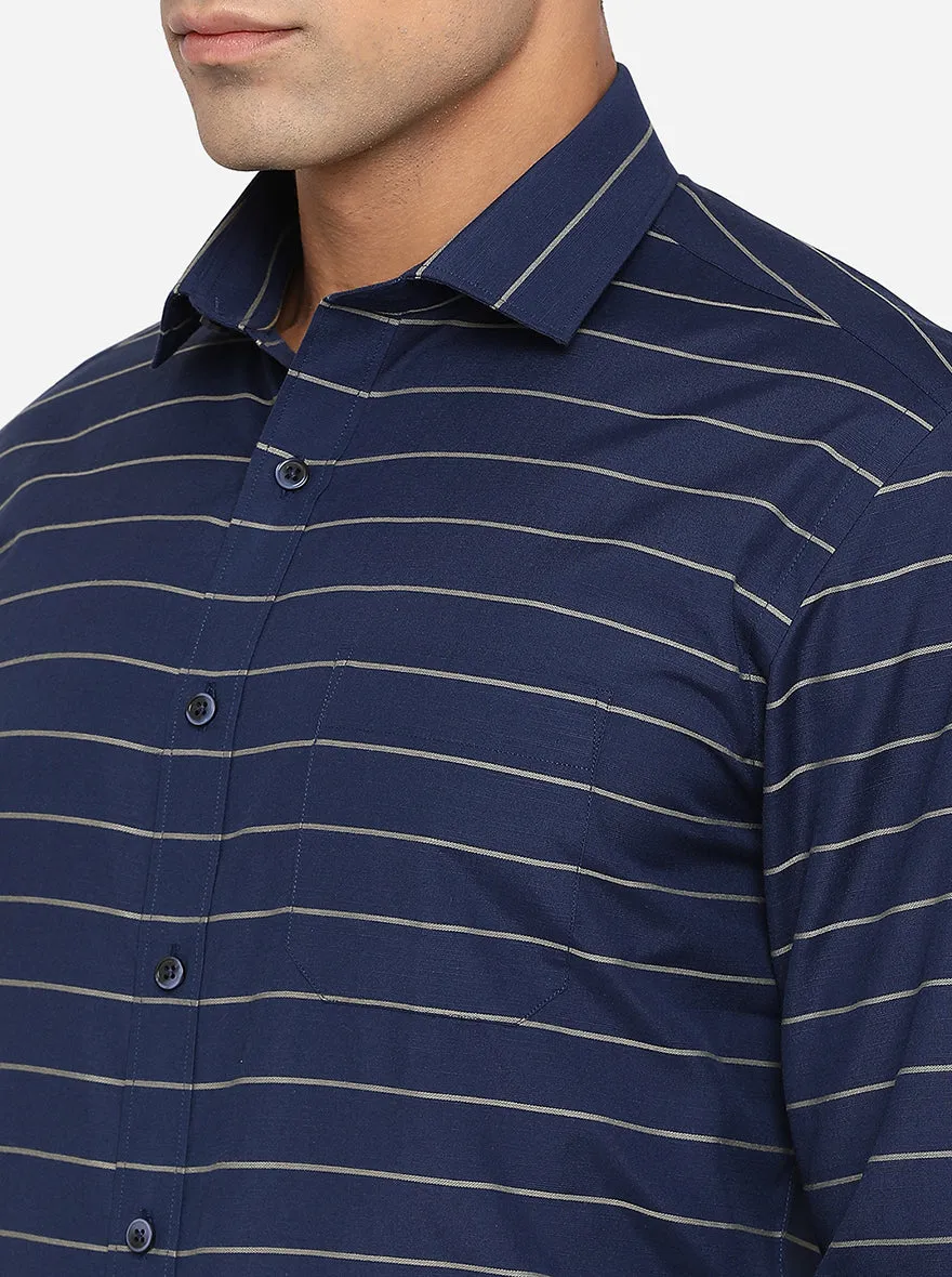 Navy Blue & Grey Striped Slim Fit Formal Shirt | Greenfibre