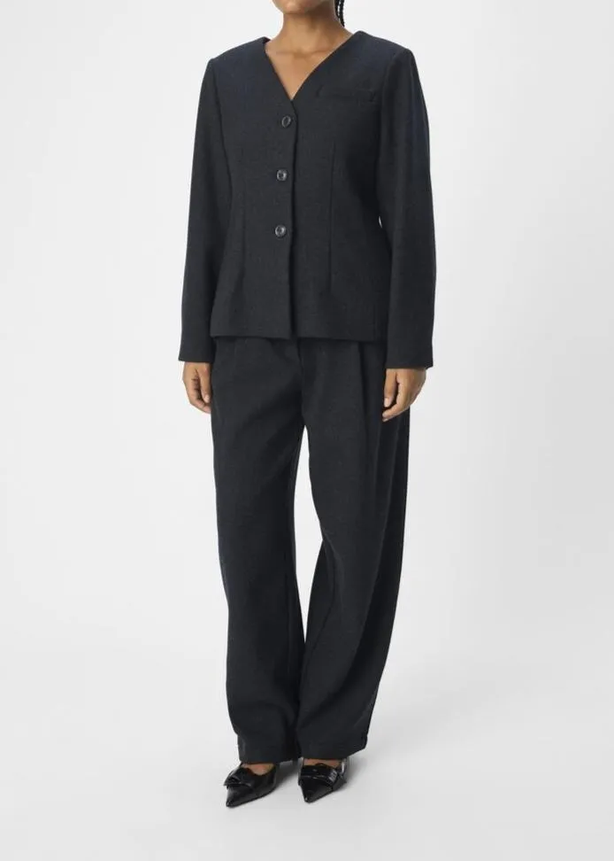 OBJMEGHAN BARREL LEG HW PANTS | DARK GREY MELANGE