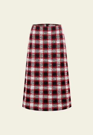 Red Plaid Tweed Midi Skirt
