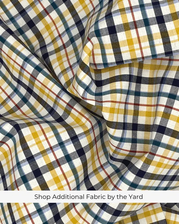 Shirred Fabric by the Yard  | Navy Yellow Cotton Plaid | 42" L