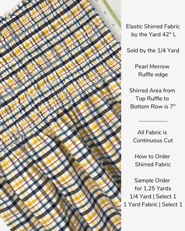 Shirred Fabric by the Yard  | Navy Yellow Cotton Plaid | 42" L