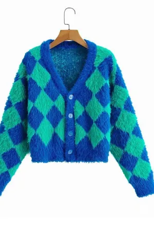 Soft & Fuzzy Green and Blue Harlequin Cardigan